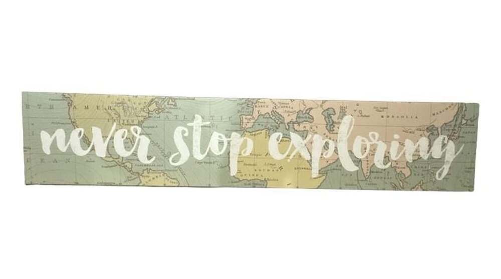Never Stop Exploring Wall Art Sign 6x18 Inches wood Map Decor
